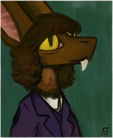 A head-and-shoulders portrait of a brown yinglet with yellow eyes, looking to the right of the canvas, and wearing a baggy dark blue suit with a double round collar and shirt. The lines of the portrait are heavy and broad, adding thick linework to the motif, and the background is a stripey texture of dirty turquoises